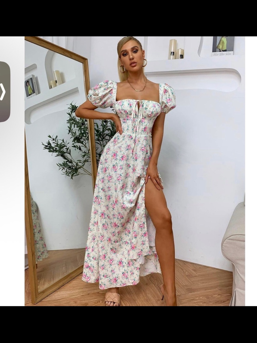Square-Neck Puff Sleeve Maxi Dress in Ivory with Pink Floral